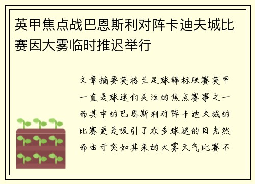 英甲焦点战巴恩斯利对阵卡迪夫城比赛因大雾临时推迟举行