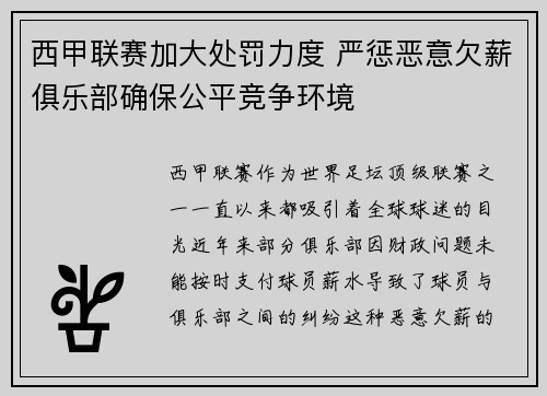 西甲联赛加大处罚力度 严惩恶意欠薪俱乐部确保公平竞争环境