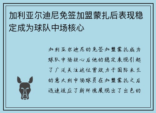 加利亚尔迪尼免签加盟蒙扎后表现稳定成为球队中场核心
